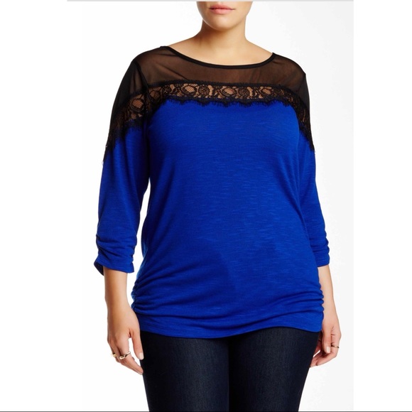 Lace Shoulder Blouse Cobalt/Black - Picture 1 of 2